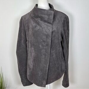BCBGMaxAzria taupe Faux Suede Moto Jacket Womens Size Medium Button Up Hi-lo
